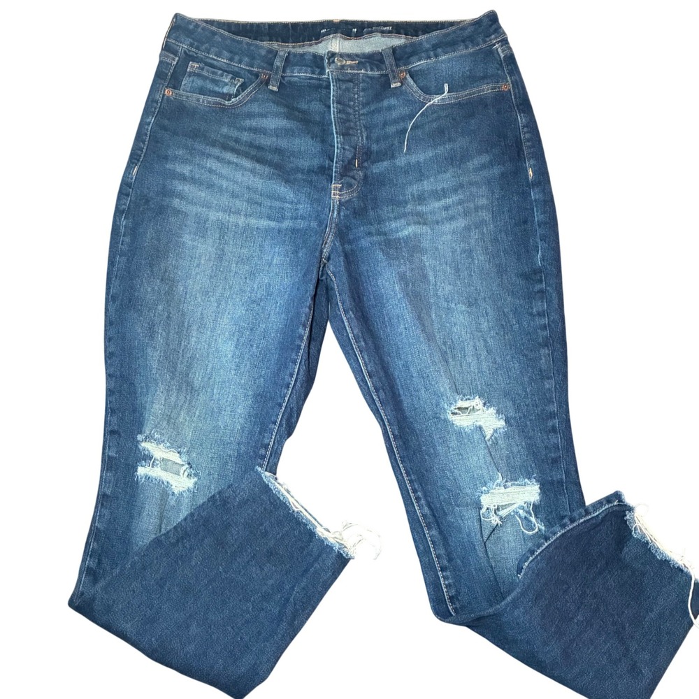Old Navy OG Straight Denim Cotton Size 14 Blue High Rise Distressed Raw Hem